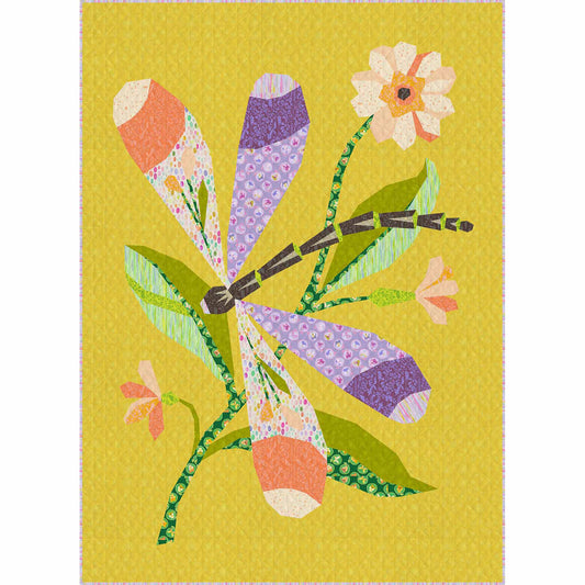 Colorful quilt of a dragonfly and flowers on a yellow background