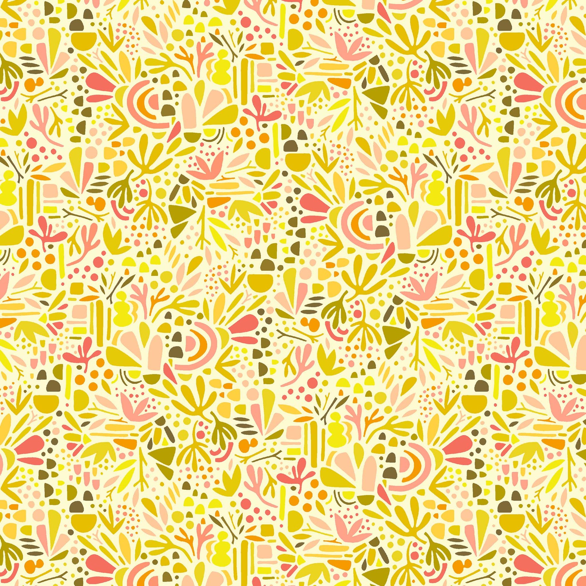 abstract doodles in yellows, pinks, coral and olive on a cream ground, printed on fabric