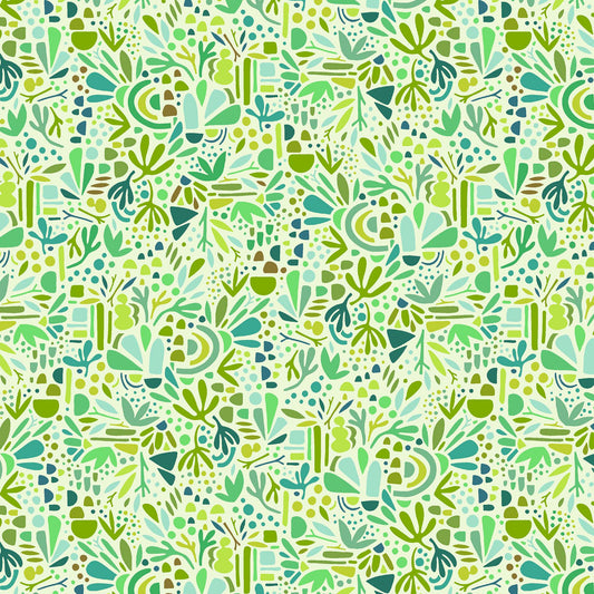 little organic doodled shapes in greens on a cream ground, printed on fabric