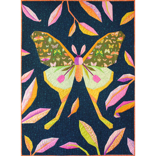 Quilt of a colorful luna moth and tropical leafves on a dark blue background