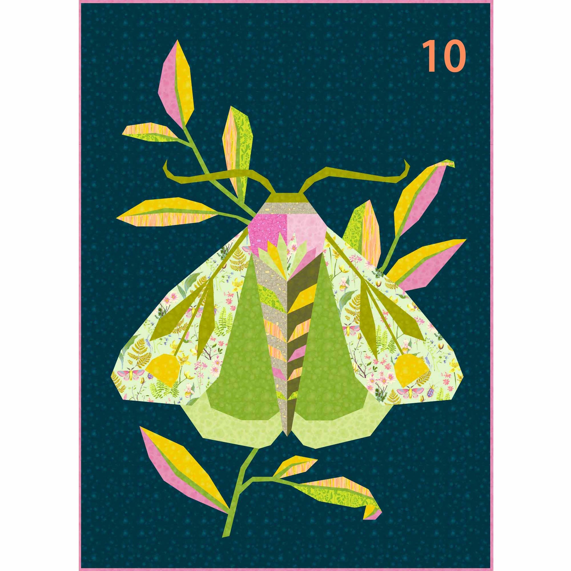 quilt of a large moth in greens and pinks on a dark blue ground