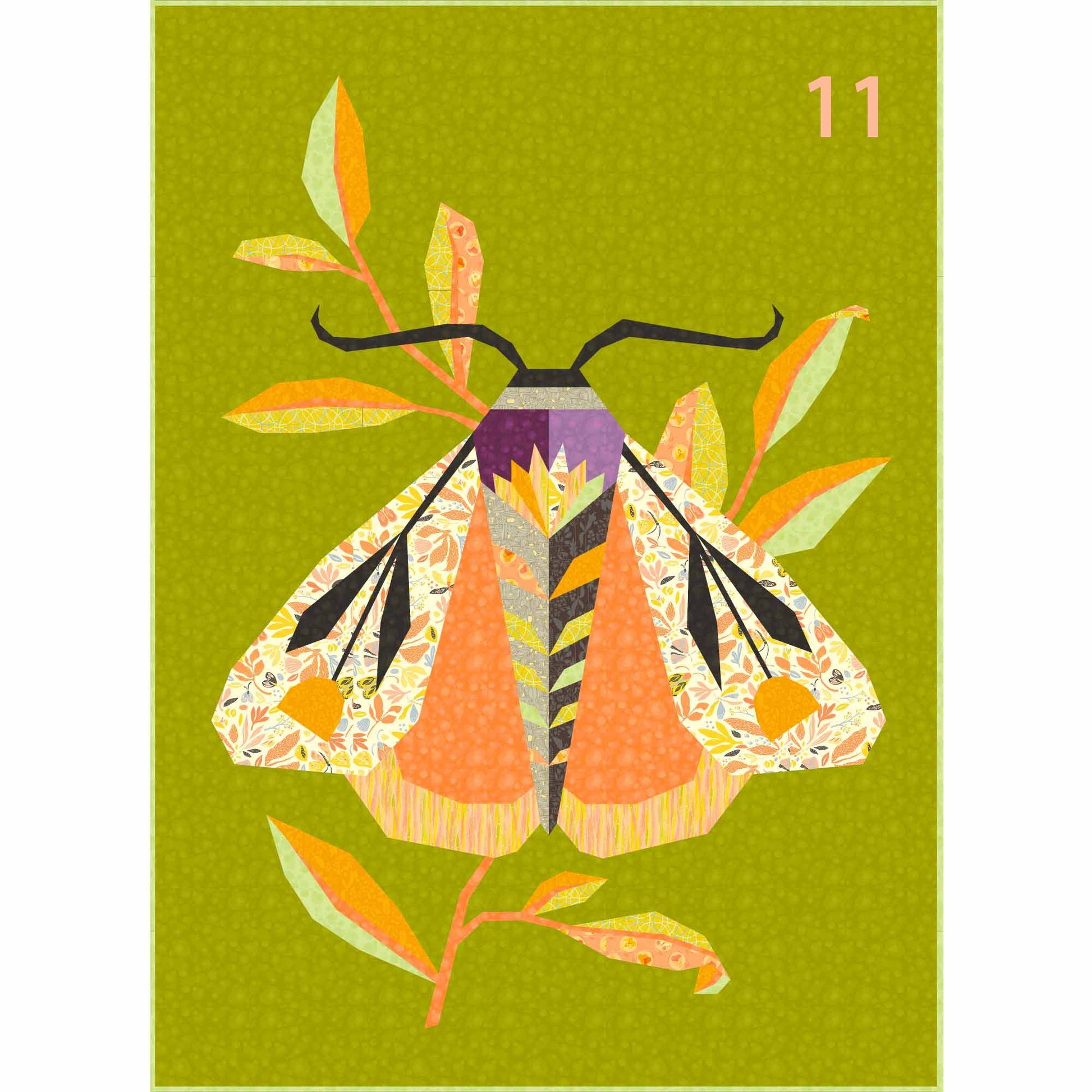 quilt of a large moth in oranges and greens