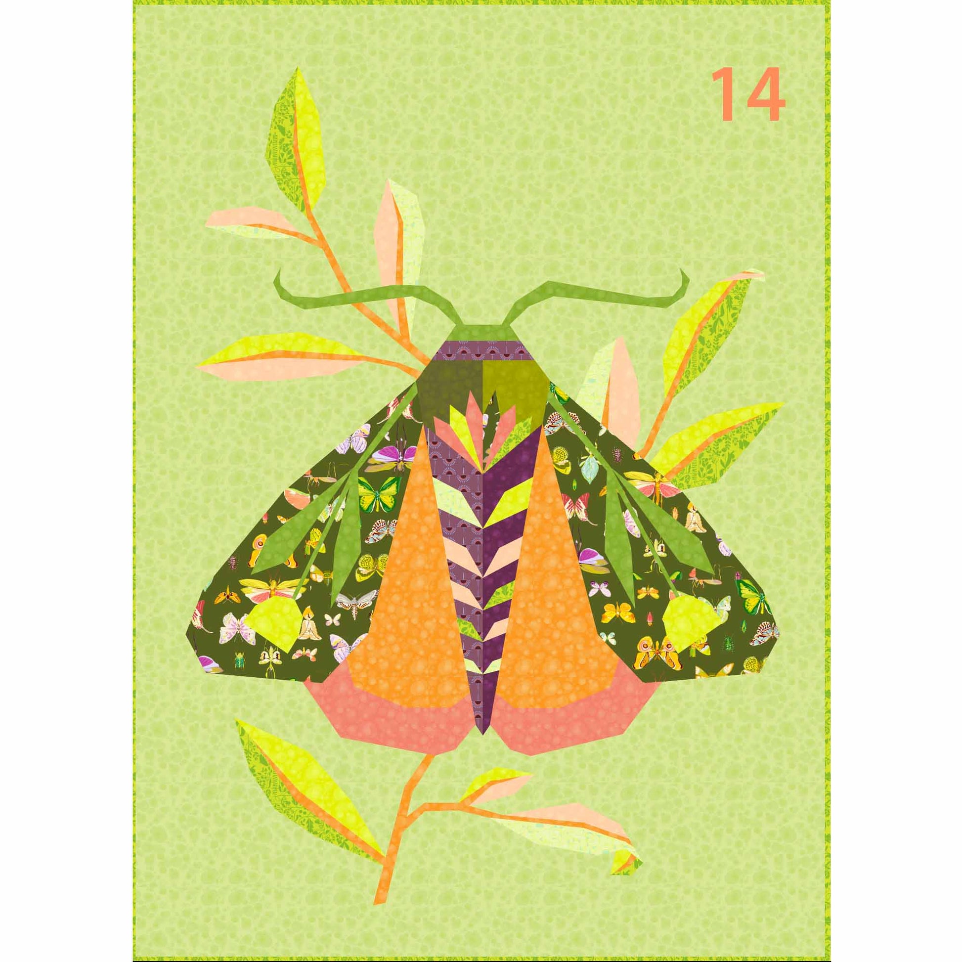 quilt of a large moth in oranges and greens