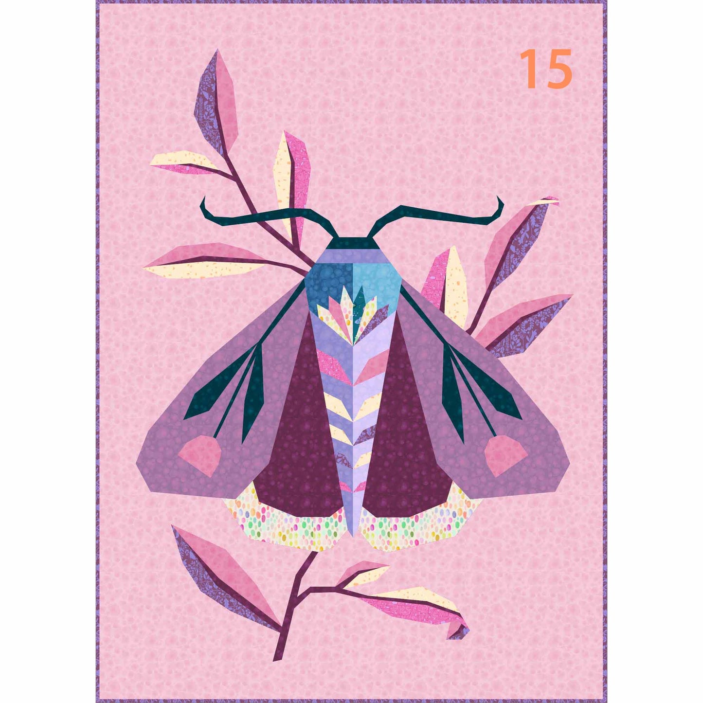 quilt of a large moth in  pinks, and purples 