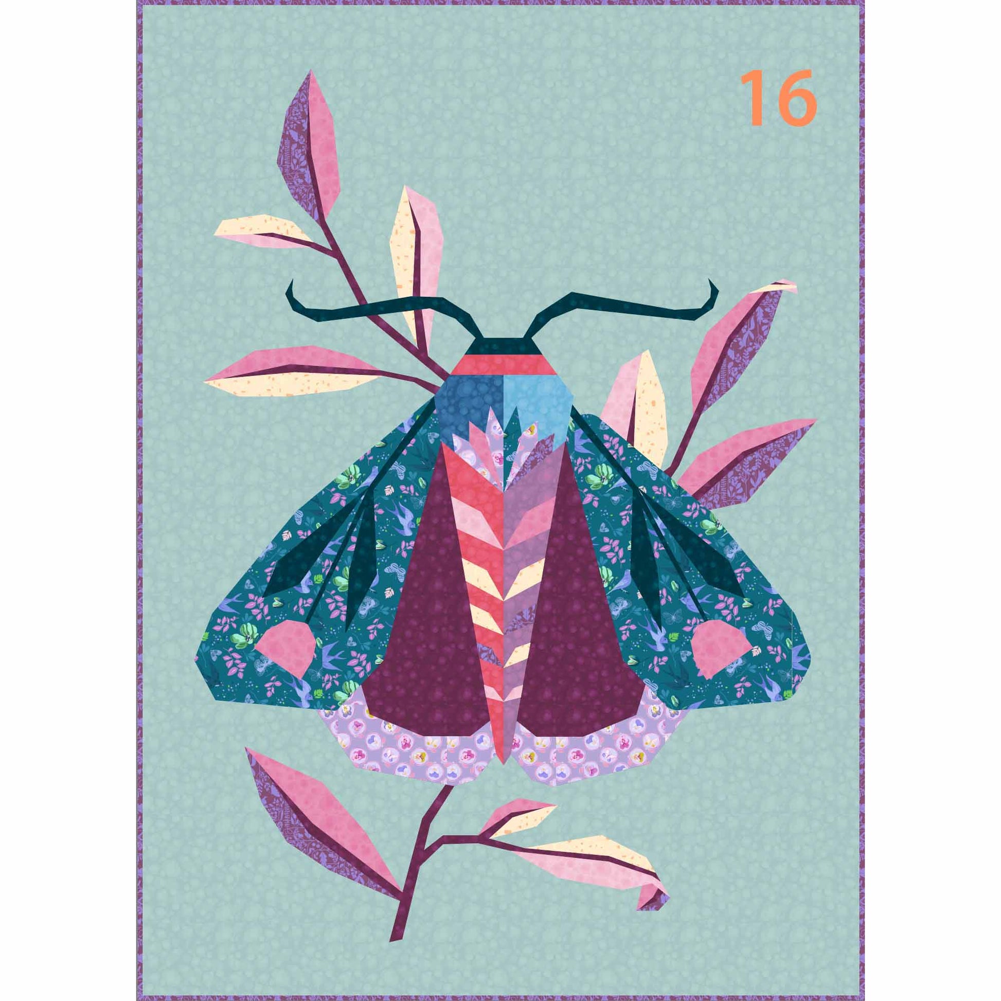 quilt of a large moth in blues, pinks and purples