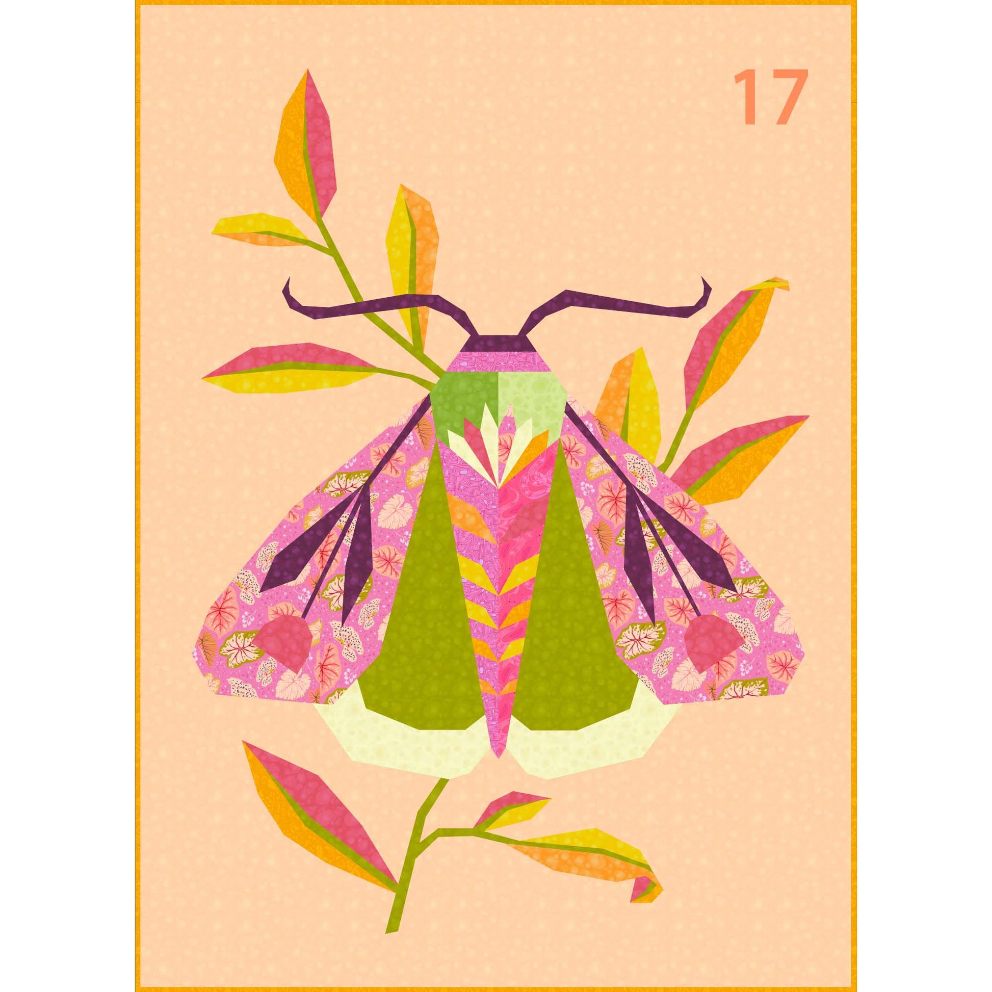 quilt of a large moth in pinks, purples and yellows