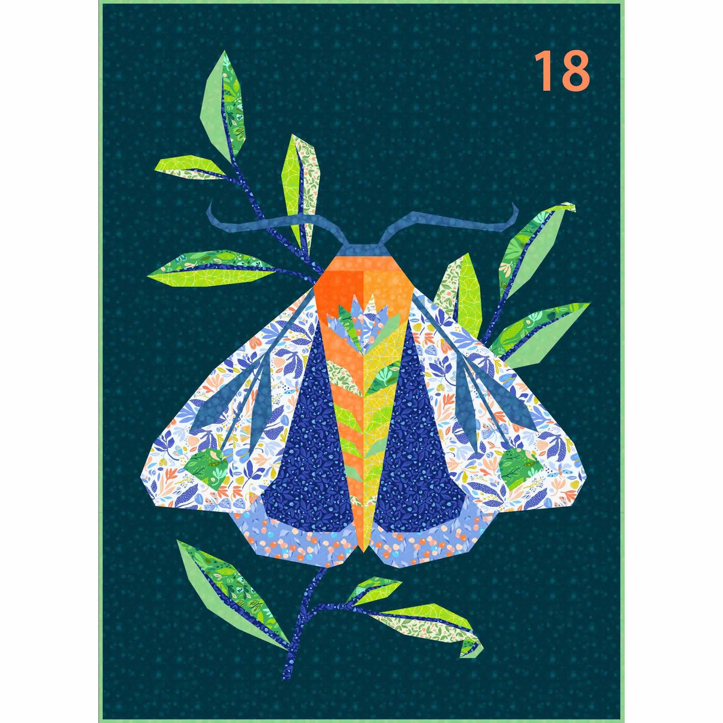 quilt of a large moth in blues, greens and oranges