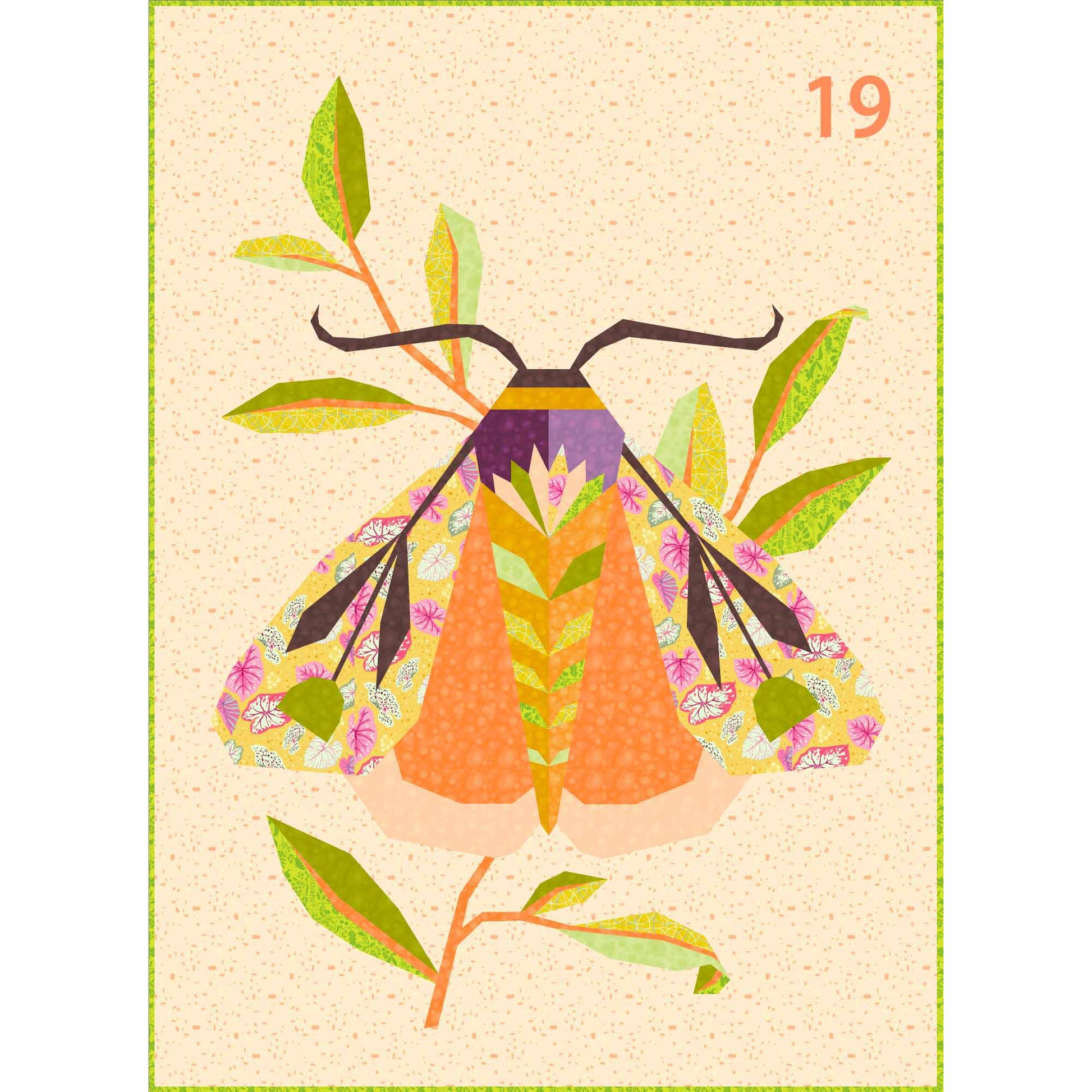 quilt of a large moth in oranges, pinks, yellows and green