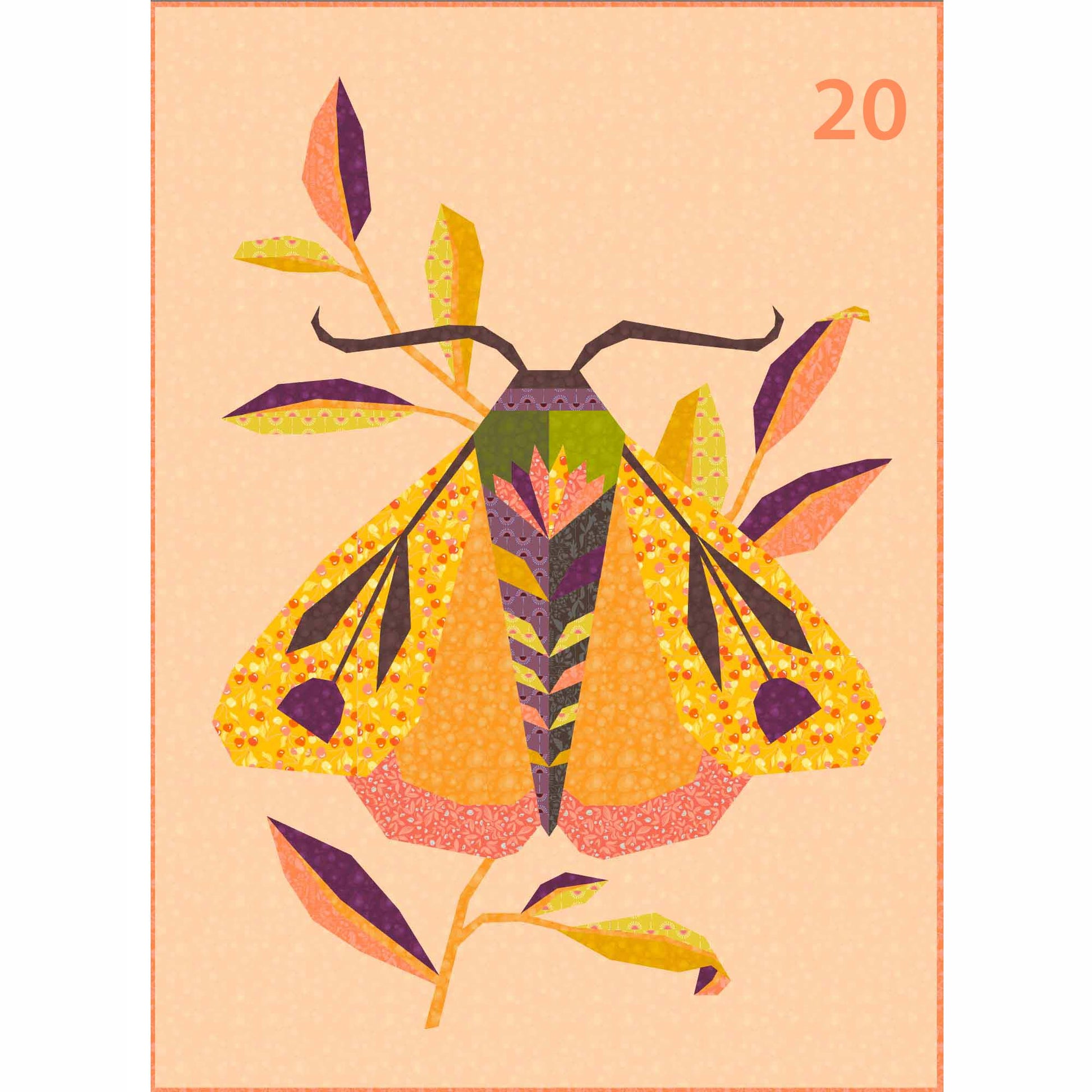 quilt of a large moth in oranges, yellows, purples and mahogany