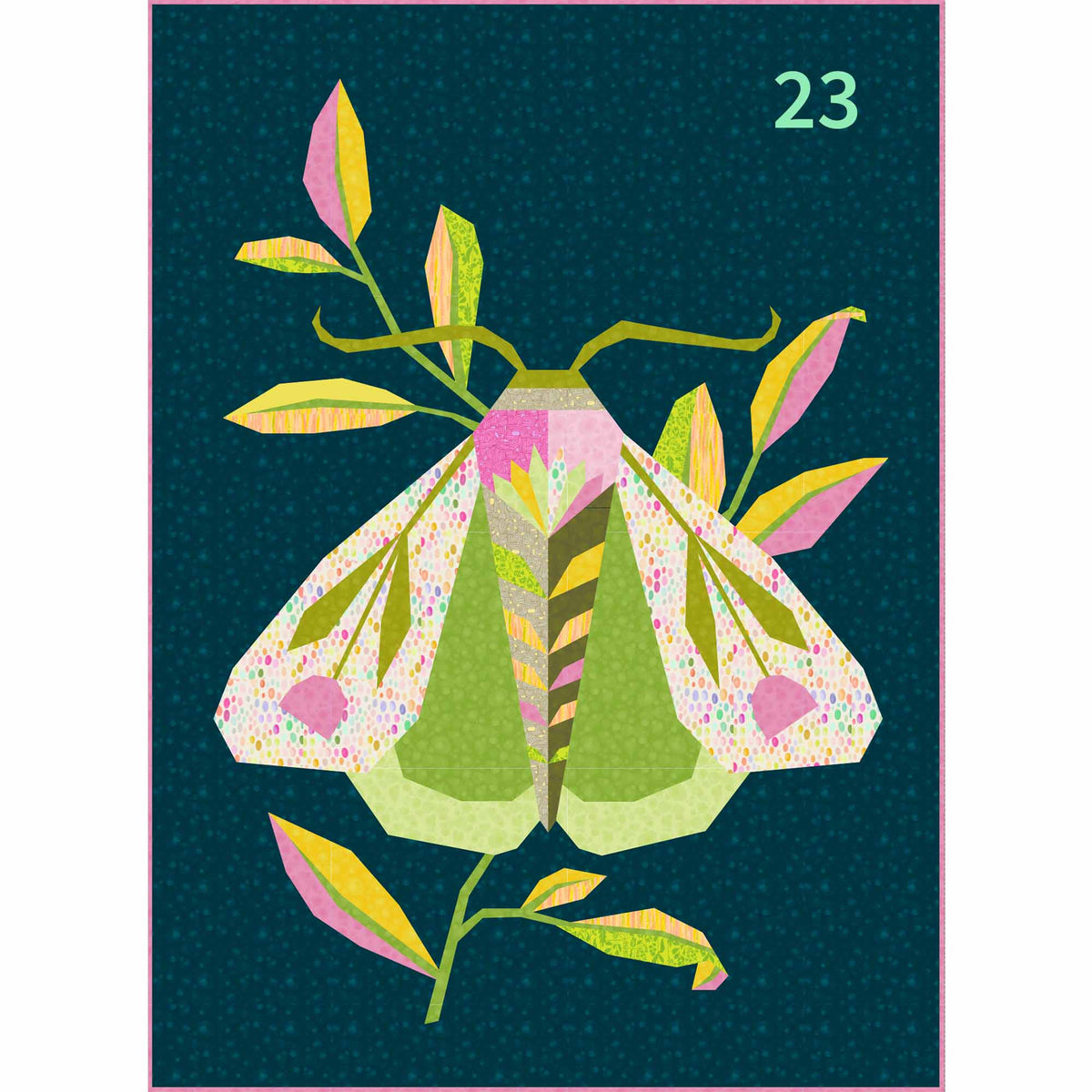 A stylized quilted depiction of a large moth on a pink, yellow and green leafy branch, set against a dark blue textured background