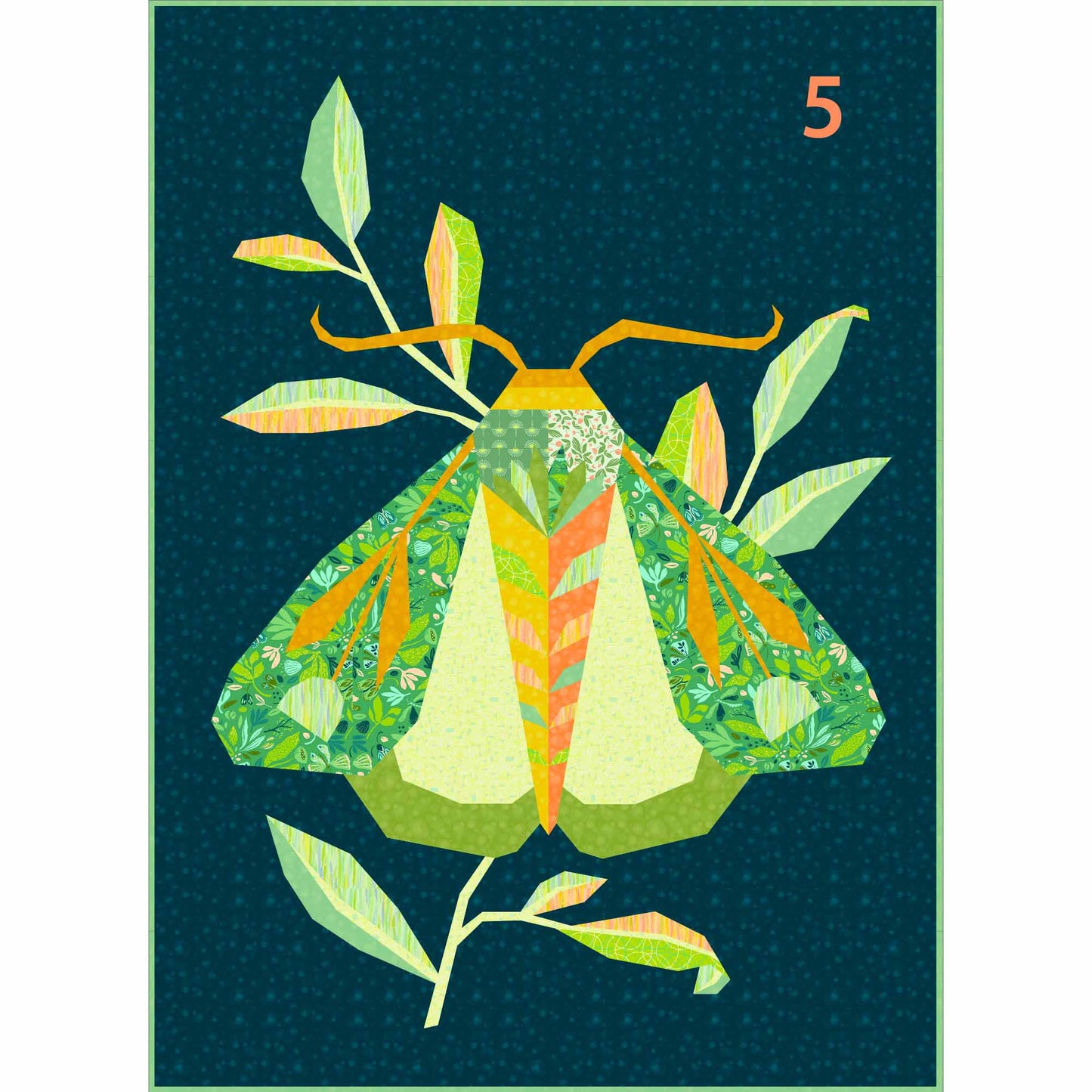 quilt of a large moth in greens and oranges on a dark blue ground