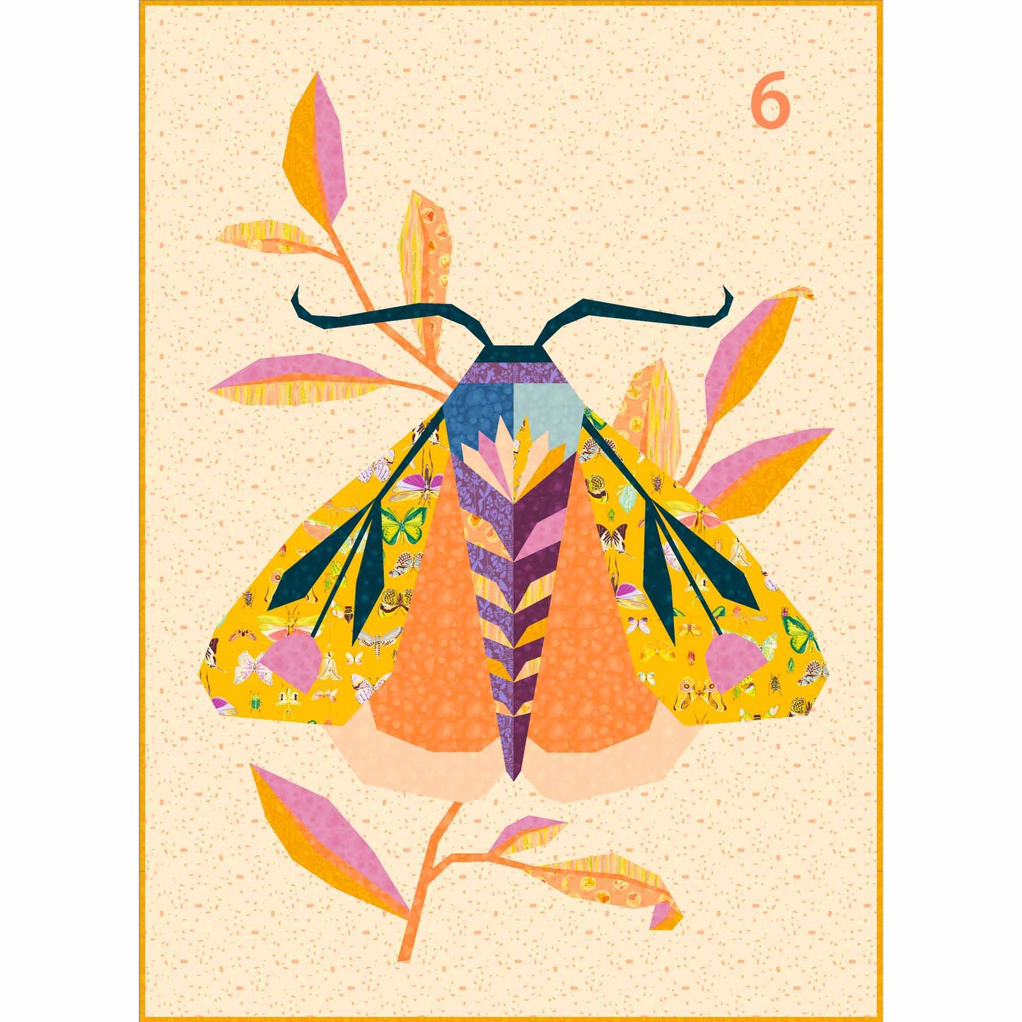 quilt of a large moth in oranges, pinks and purples on a cream ground