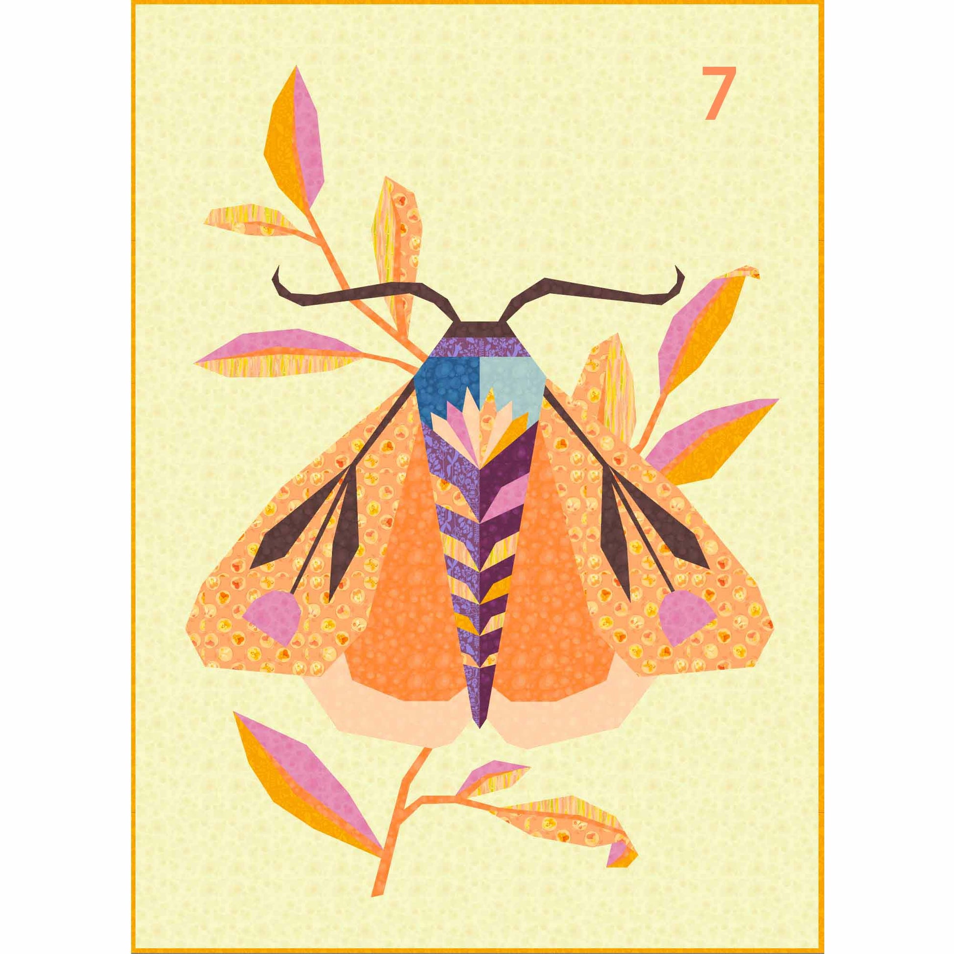 quilt of a large moth in oranges, pinks and purples on a cream ground