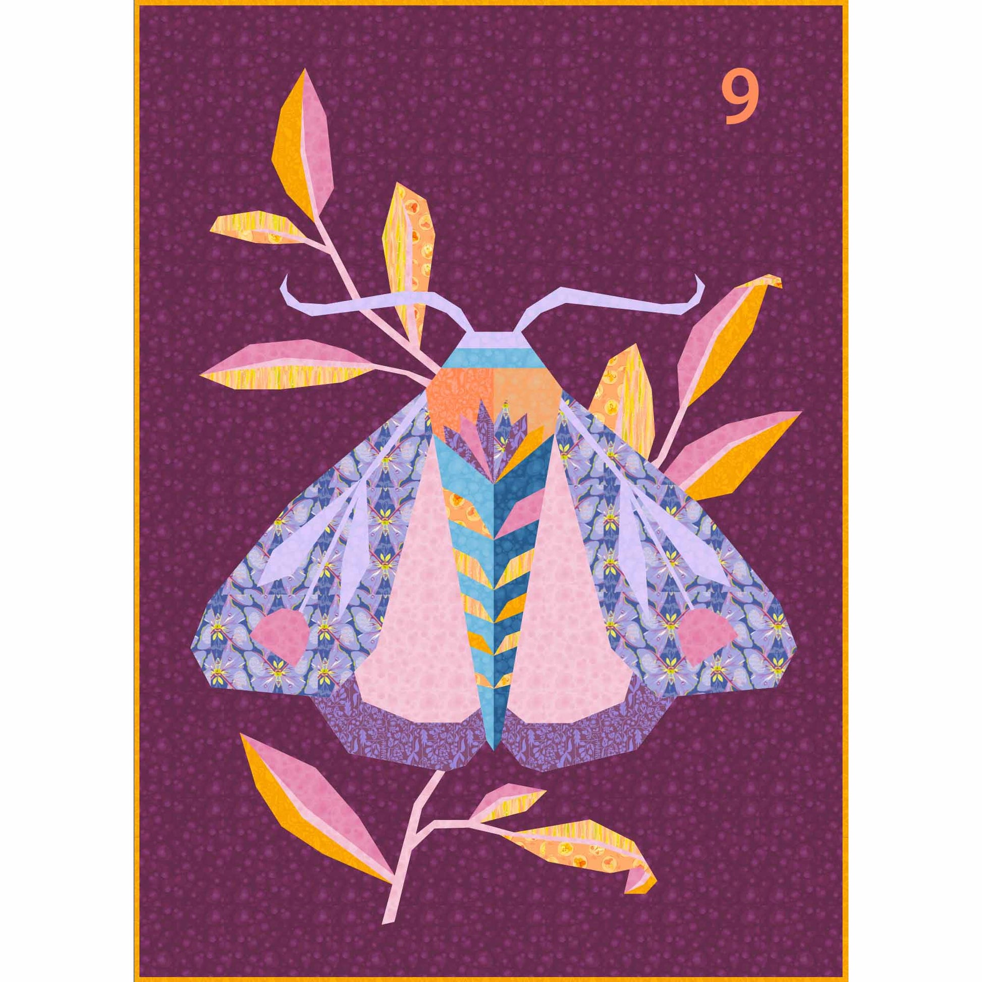 quilt of a large moth in oranges, pinks, purples