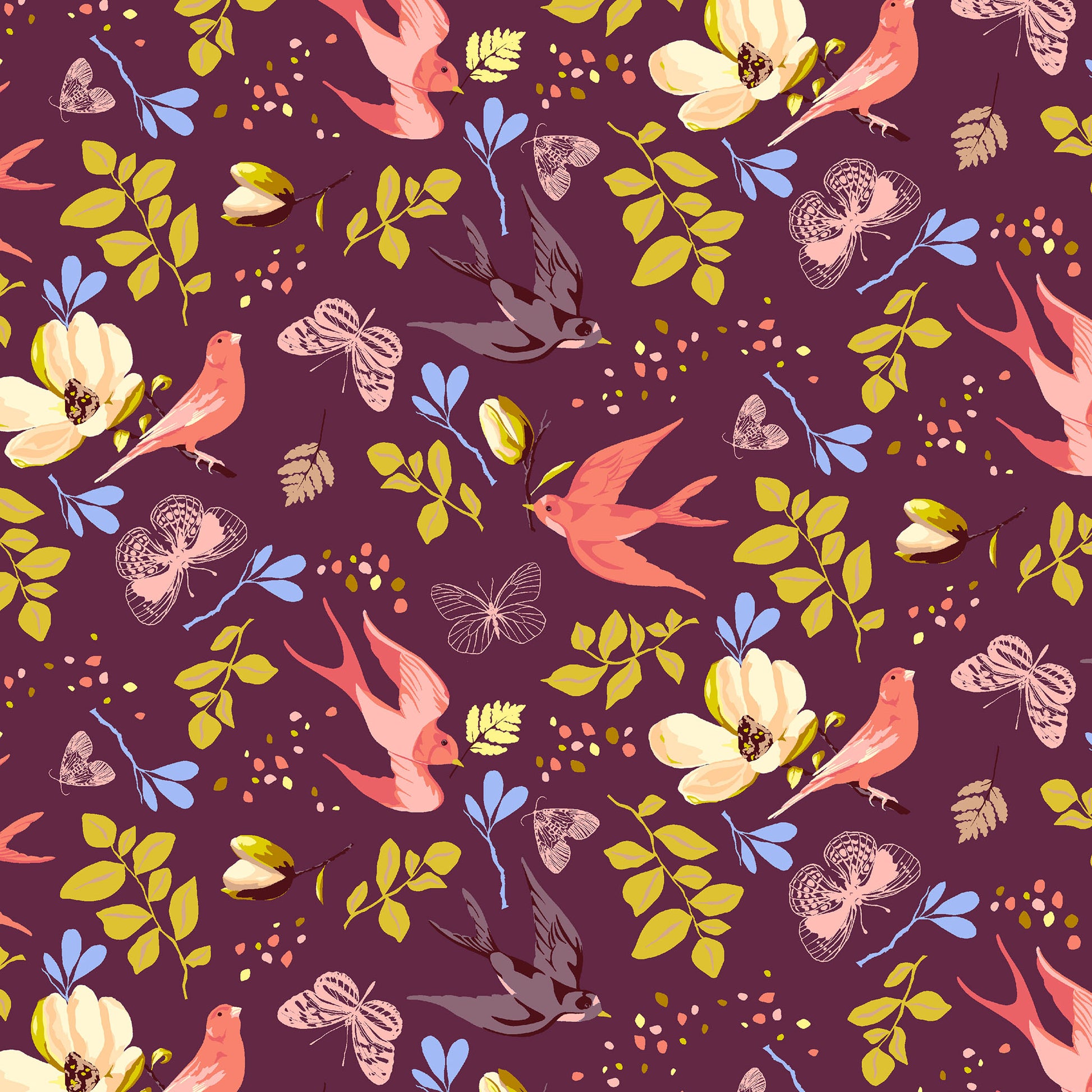 swallows and canaries in coral with magnolia, leaves and butterflies in gold on a dark wine ground, printed on fabric