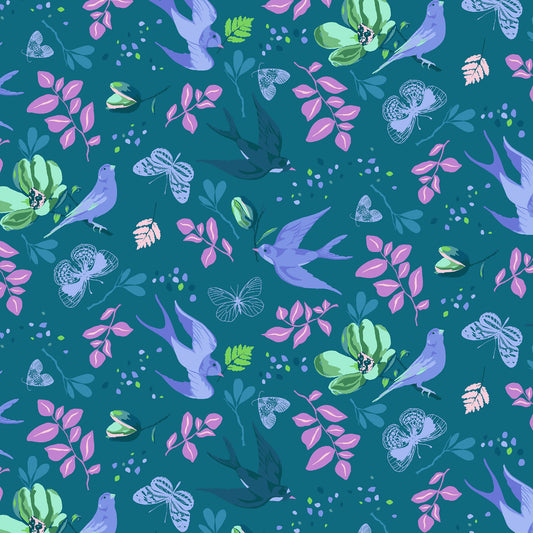 flying swallows and canaries in blues with leaves, magnolia blossoms and butterflies in purple on a teal ground, printed on fabric