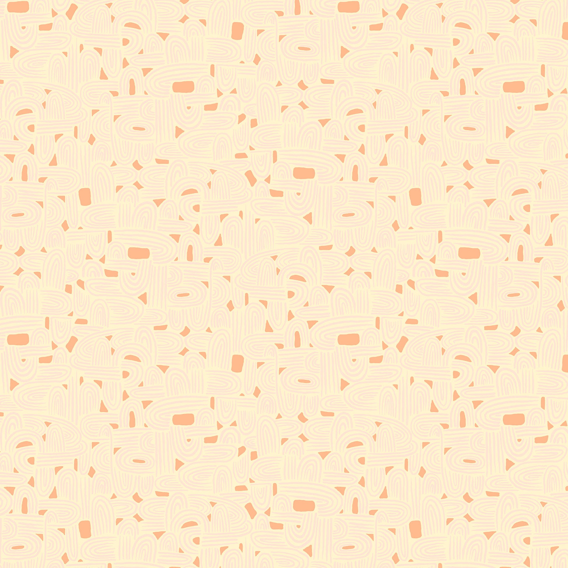 illustrated maze pattern in light pink and coral on a cream ground, printed on fabric