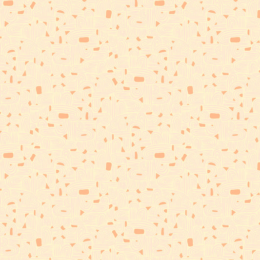 illustrated maze pattern in light pink and coral on a cream ground, printed on fabric