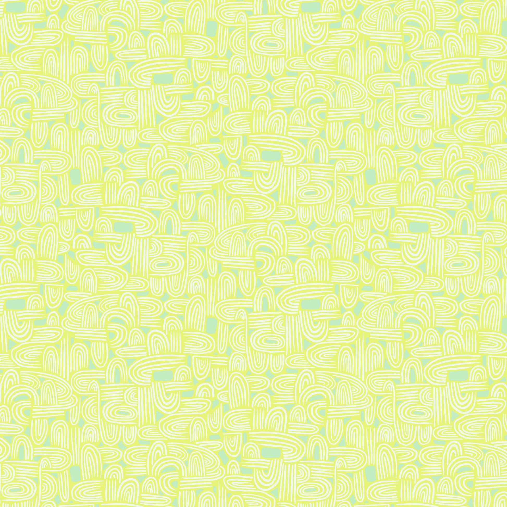 illustrated maze pattern in cream and aqua on a light green ground, printed on fabric