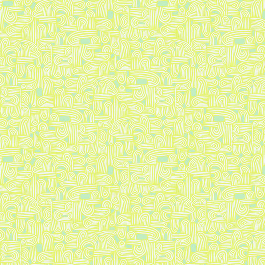 illustrated maze pattern in cream and aqua on a light green ground, printed on fabric