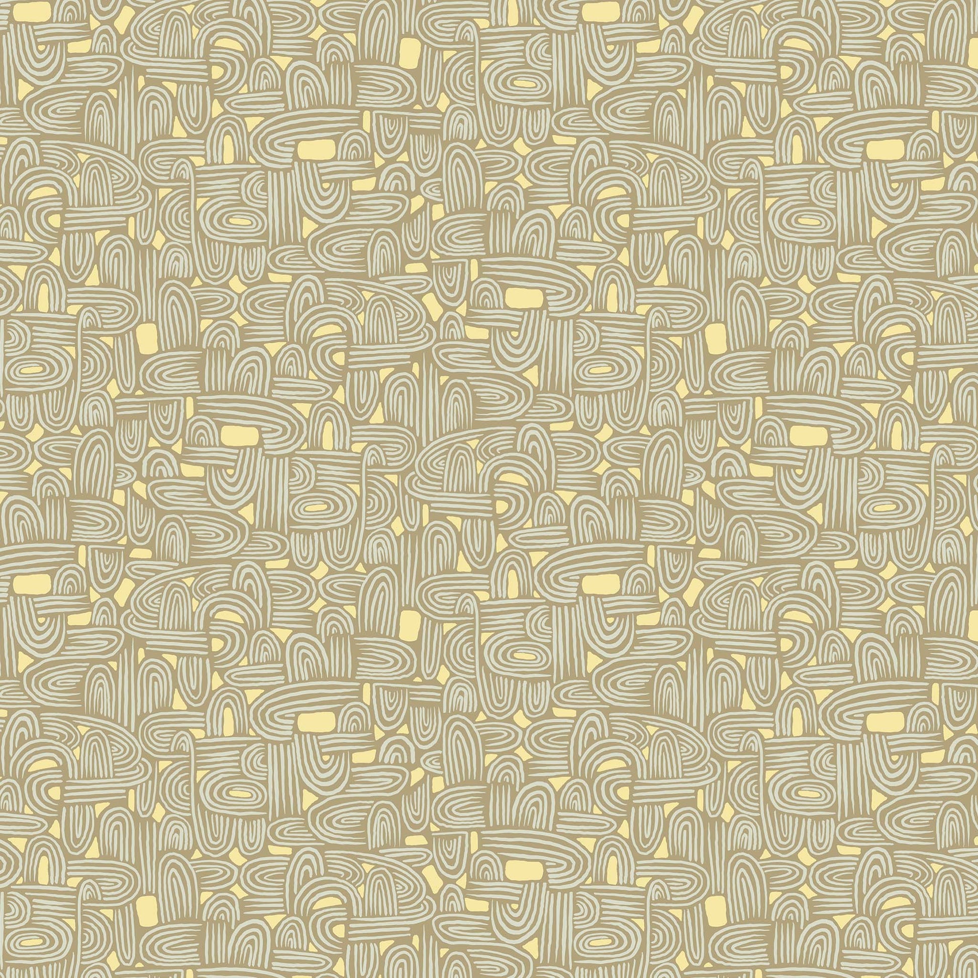 illustrated maze pattern in light grey and sand on a taupe ground, printed on fabric