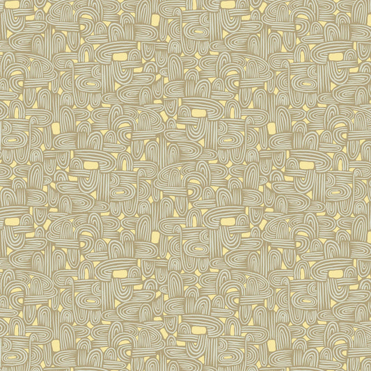 illustrated maze pattern in light grey and sand on a taupe ground, printed on fabric