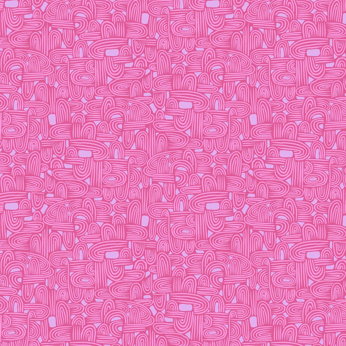 illustrated maze pattern in light pink and lavender on a berry coloured ground, printed on fabric