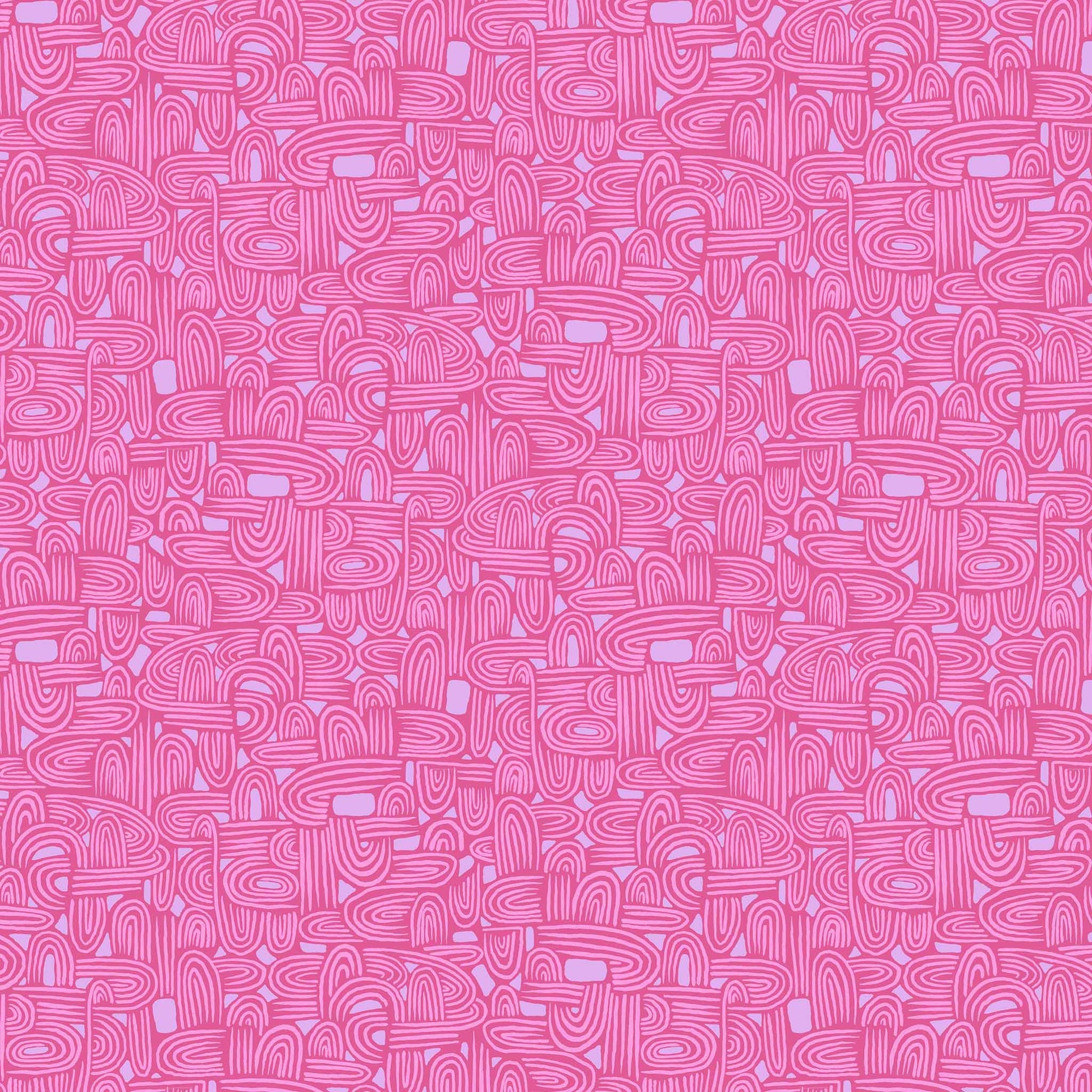 illustrated maze pattern in light pink and lavender on a berry coloured ground, printed on fabric