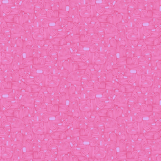 illustrated maze pattern in light pink and lavender on a berry coloured ground, printed on fabric