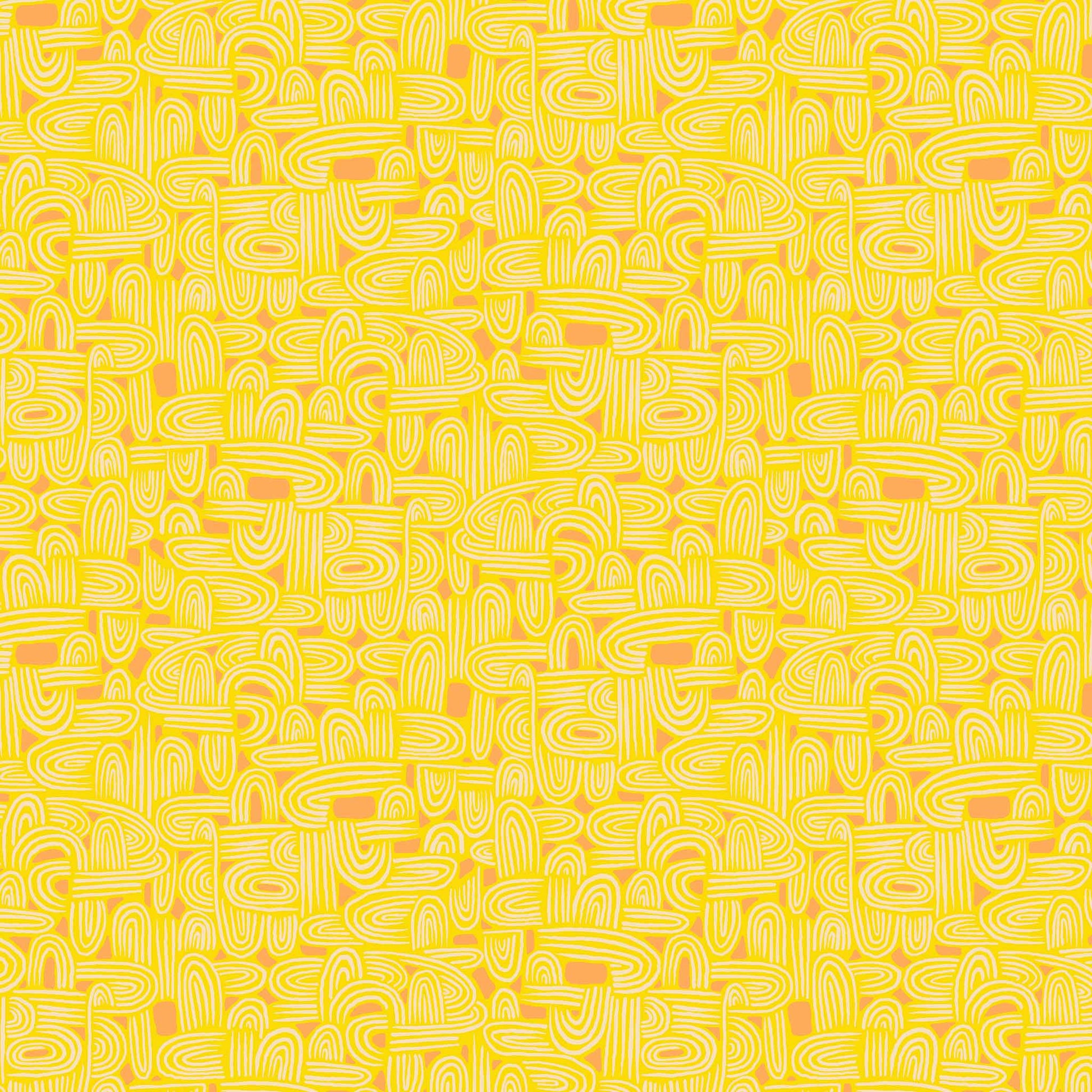 illustrated maze pattern in cream and coral on a yellow ground, printed on fabric