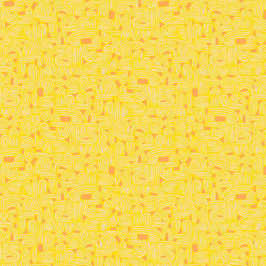 illustrated maze pattern in cream and coral on a yellow ground, printed on fabric