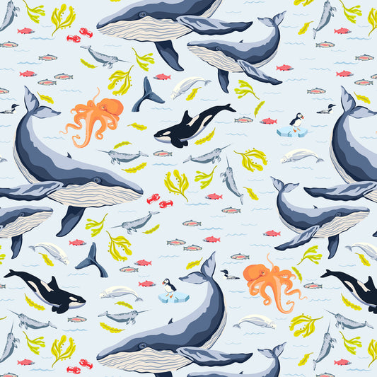 whales, orca, octopus, puffins, beluga, fish on a light blue ground, printed on fabric