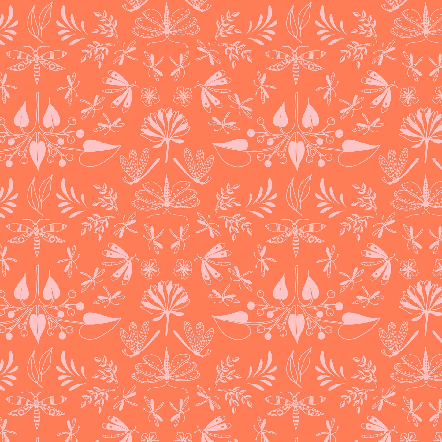 light pink illustrated flying insects in a symmetrical pattern on an orange ground, printed on fabric