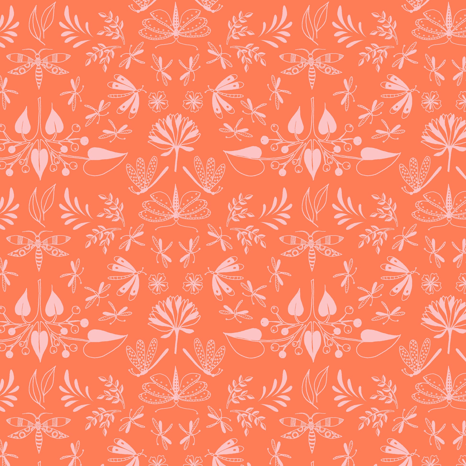 light pink illustrated flying insects in a symmetrical pattern on an orange ground, printed on fabric