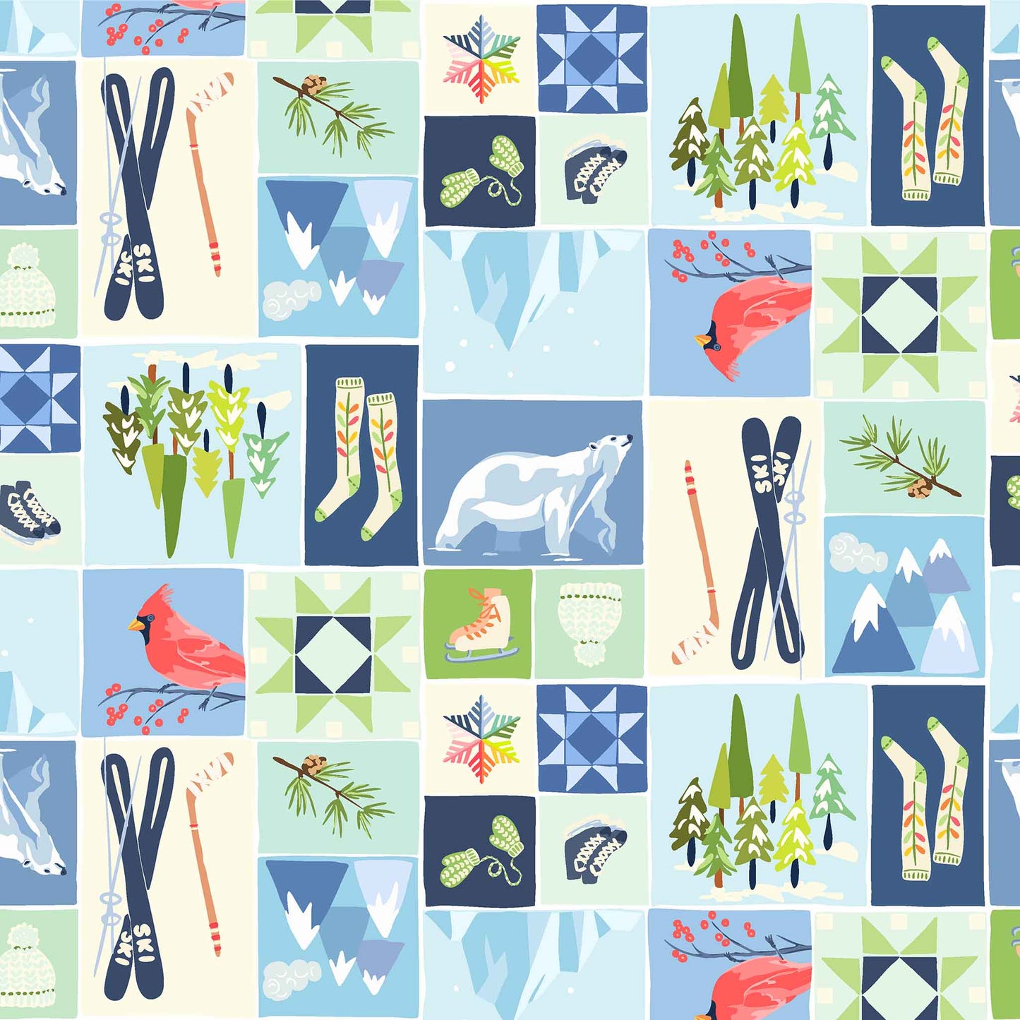 Patterned fabric with winter designs including trees, animals, and stars on a blue background.